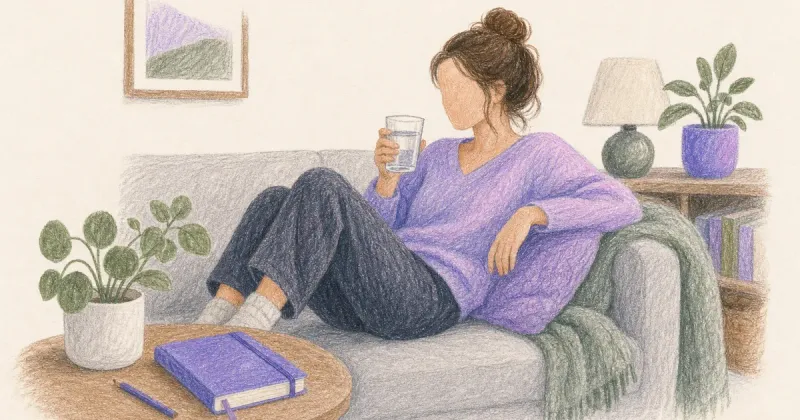 Woman resting calmly at home with water and a journal nearby