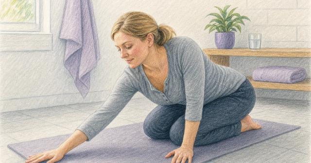 Person stretching on a mat on a bathroom floor beside a spare shelf with a towel and glass