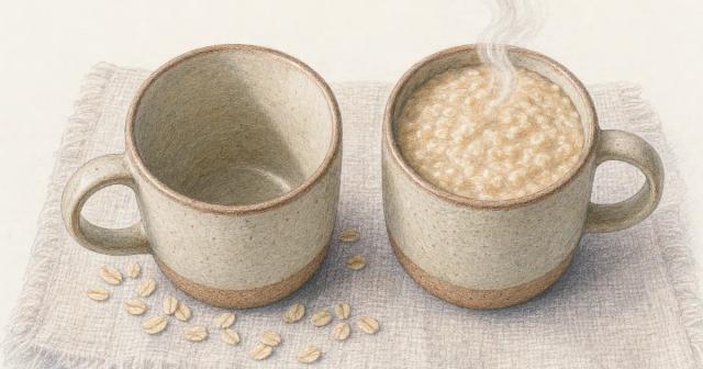 Two matching stoneware mugs, one empty with scattered dry oats, one filled with warm porridge