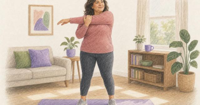 Woman gently stretching in a bright living room during her routine