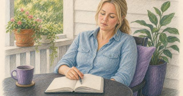 Woman pausing over an open notebook at a small porch table, pen resting