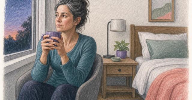Person with a warm drink sitting beside a bedroom window at night.