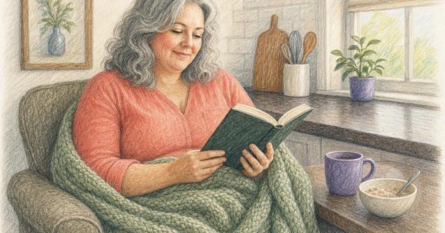 Person under a blanket in an armchair by a kitchen counter, reading in morning light.
