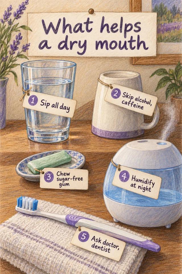 Dry mouth steps: sip all day, skip alcohol and caffeine, chew sugar-free gum, humidify, then ask for help.