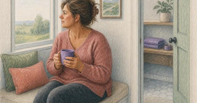 A person sitting by a window with a warm mug, an open door showing a bare bathroom shelf
