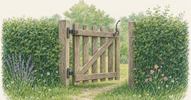 A wooden garden gate in a low hedge standing slightly open with its latch lifted