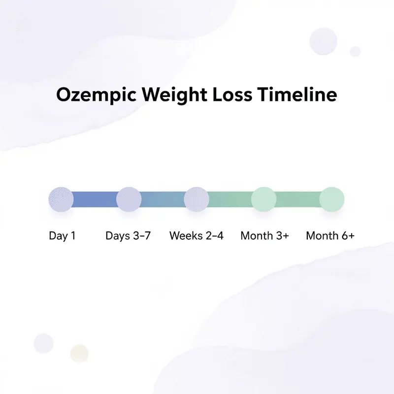Horizontal timeline showing Ozempic weight loss milestones from day one to month six