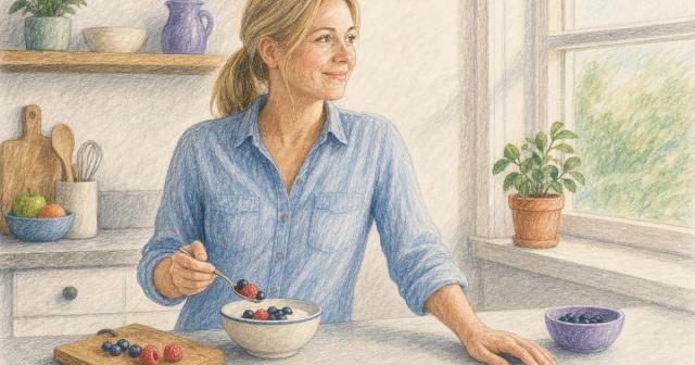 Woman pausing while spooning berries into a bowl at her kitchen counter in morning light
