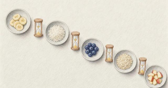 Overhead view of five small food bowls in a curve with sand timers set between them