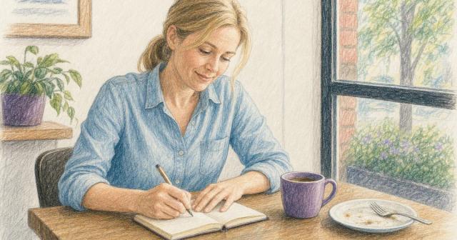Woman at a sunlit cafe table writing dated notes in a small notebook beside her coffee