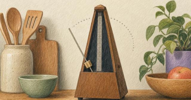 Wooden metronome on a kitchen shelf, arm mid-swing with a soft dotted arc behind it