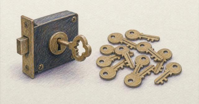 One uniquely cut key fitted in a lock beside a pile of discarded identical keys