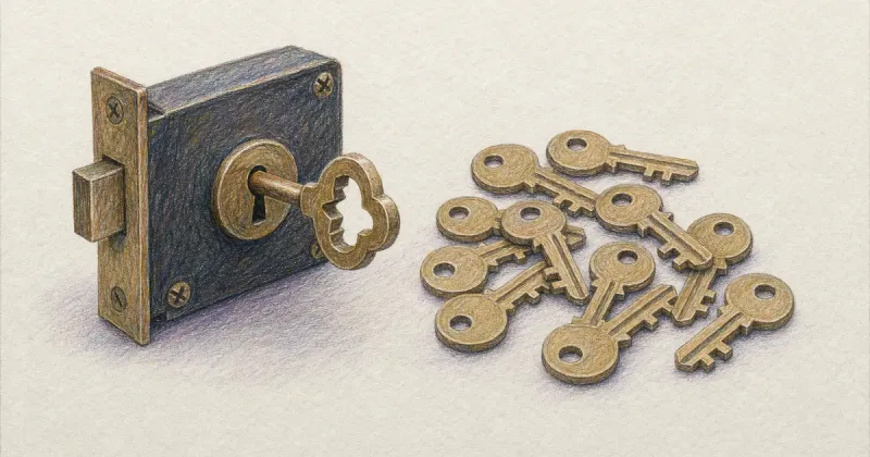 One uniquely cut key fitted in a lock beside a pile of discarded identical keys