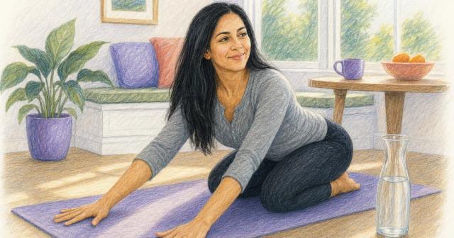 A woman kneeling on a mat mid gentle stretch in a sunlit nook.