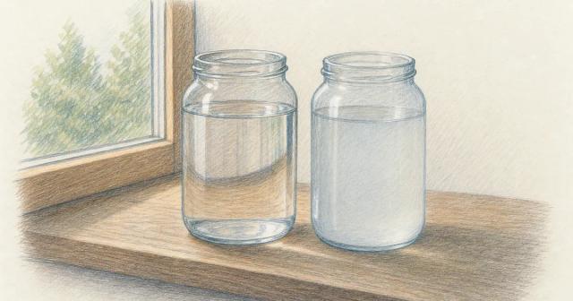 Two glass jars of water on a windowsill, one clear and one cloudy