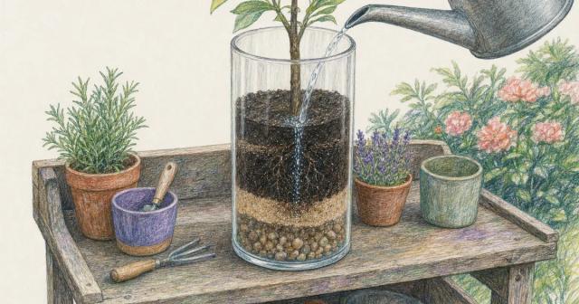 Glass-sided planter showing soil layers with water soaking down to the root layer