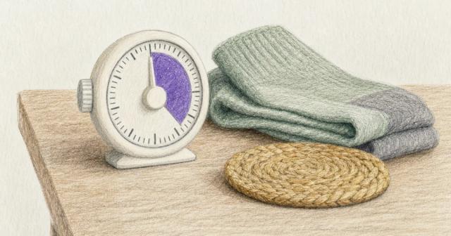 Small wind-up kitchen timer on a wooden desk beside folded socks