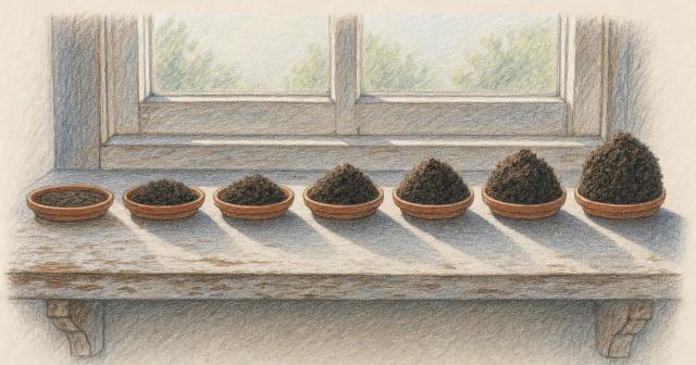 Row of seven terracotta saucers on a windowsill holding progressively larger mounds of dark soil