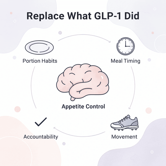 Hub and spoke infographic showing five pillars to replace GLP-1 medication effects