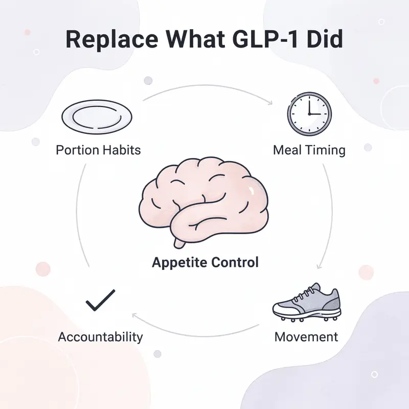 Hub and spoke infographic showing five pillars to replace GLP-1 medication effects