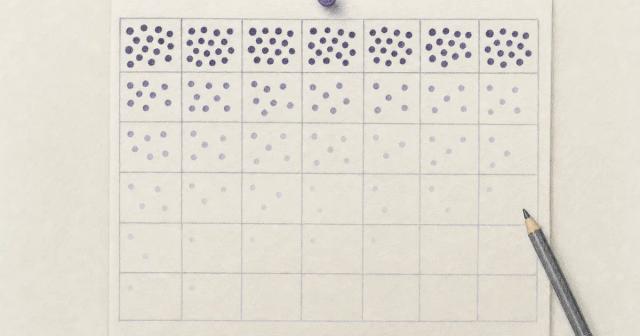 Paper calendar grid with inked dots fading from dark clusters to faint marks