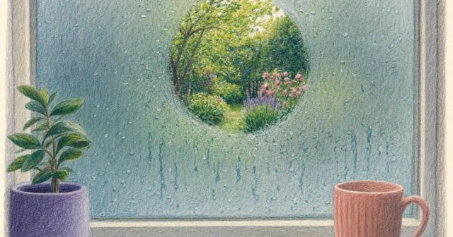 Fogged rainy window with one small clear circle showing a sharp view of a garden