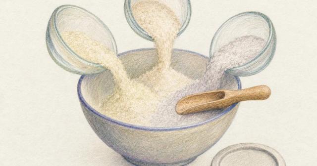 Three small dishes of powder tipping into one mixing bowl beside a blank, unstamped circular seal