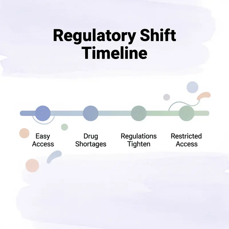 Timeline showing the regulatory shift from easy access to restricted access for compounded semaglutide