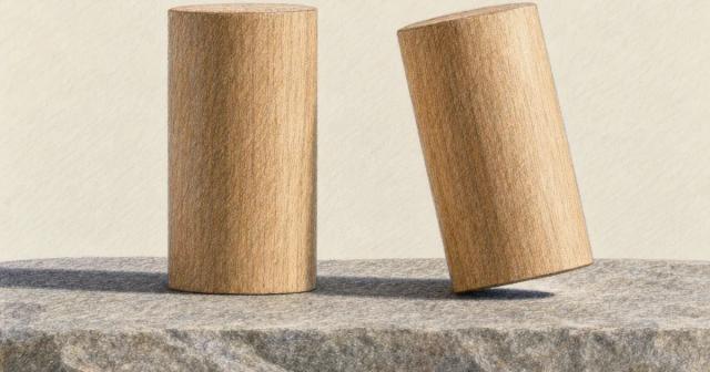 Two wooden cylinders on stone, one upright and flush, one tilted with a gap beneath