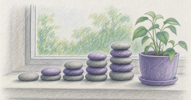 Flat stones stacked into a rising staircase beside a potted plant