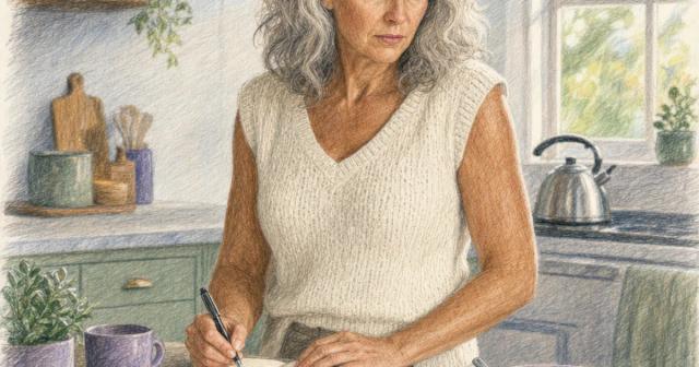 Woman pausing mid-sentence over an open notebook at a sunlit kitchen counter