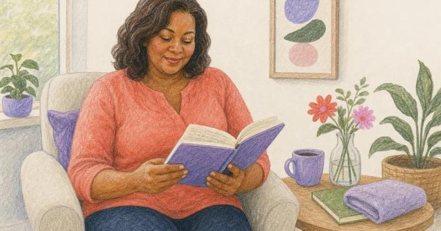 A calm woman sitting and reading notes in an open notebook
