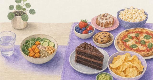 Small balanced bowl beside a fuller, more tempting spread of food