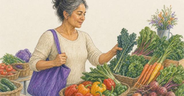 Woman at a market stall deliberately choosing fresh produce