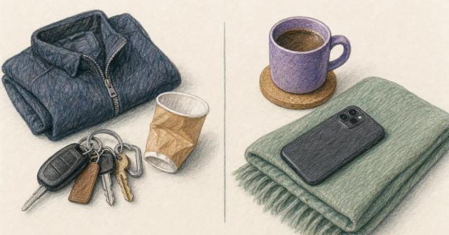 Car keys and a paper cup on one side, a mug and blanket on the other