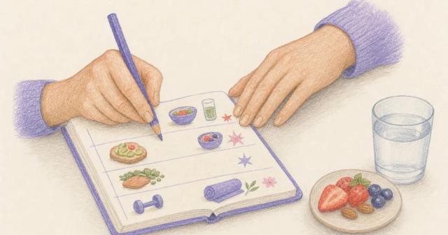 Hand writing on a ruled multi-day food and activity log page.