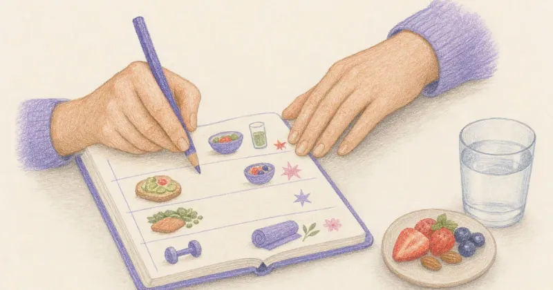 Hand writing on a ruled multi-day food and activity log page.