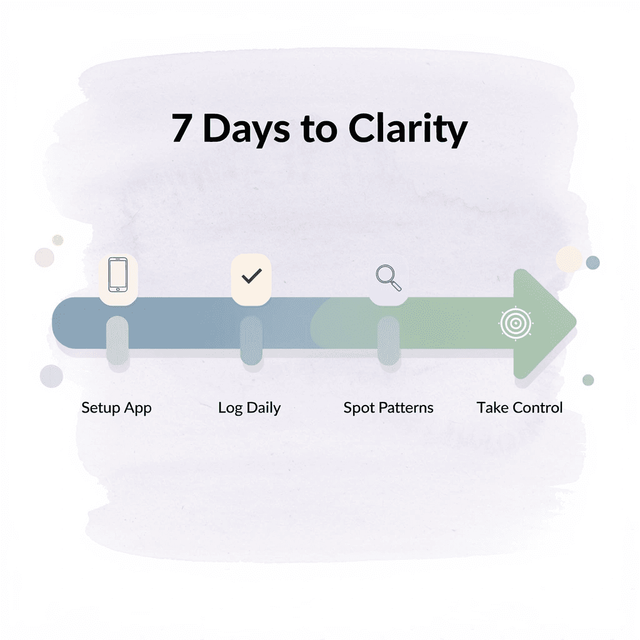 Arrow progression infographic showing the four-step journey from app setup to constipation clarity over seven days