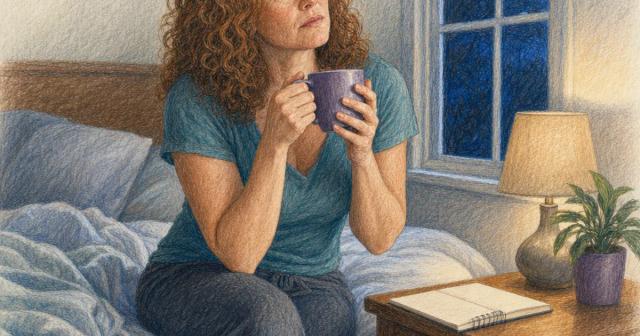 Woman sitting by a bedroom window at dusk holding a mug, looking up in thought