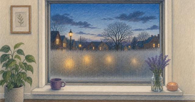 Window pane fogged and beaded along its lower third, clear glass above at dusk
