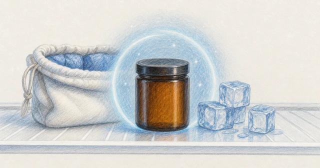 Amber glass jar on a fridge shelf beside an insulated pouch and ice cubes
