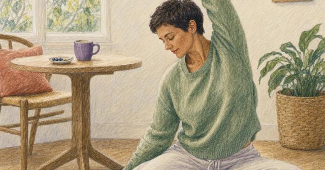 Woman stretching on a mat beside a sunlit breakfast nook table in the morning