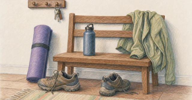 Entryway bench with worn walking shoes, a rolled mat, a water bottle and hanging keys