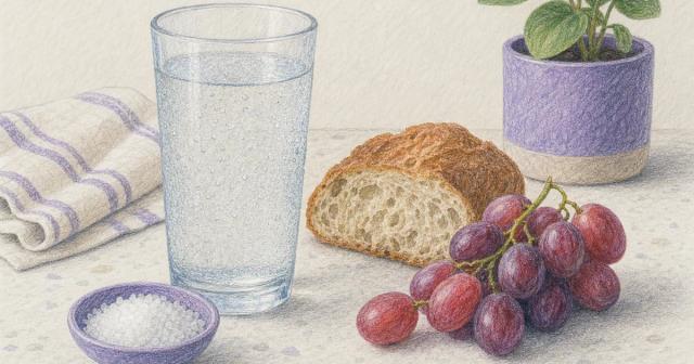 Glass of water, salt dish, and bread and grapes grouped on a pale counter