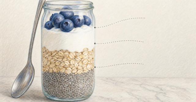 Tall glass jar of layered chia seeds, oats, yogurt and blueberries with faint dotted markers