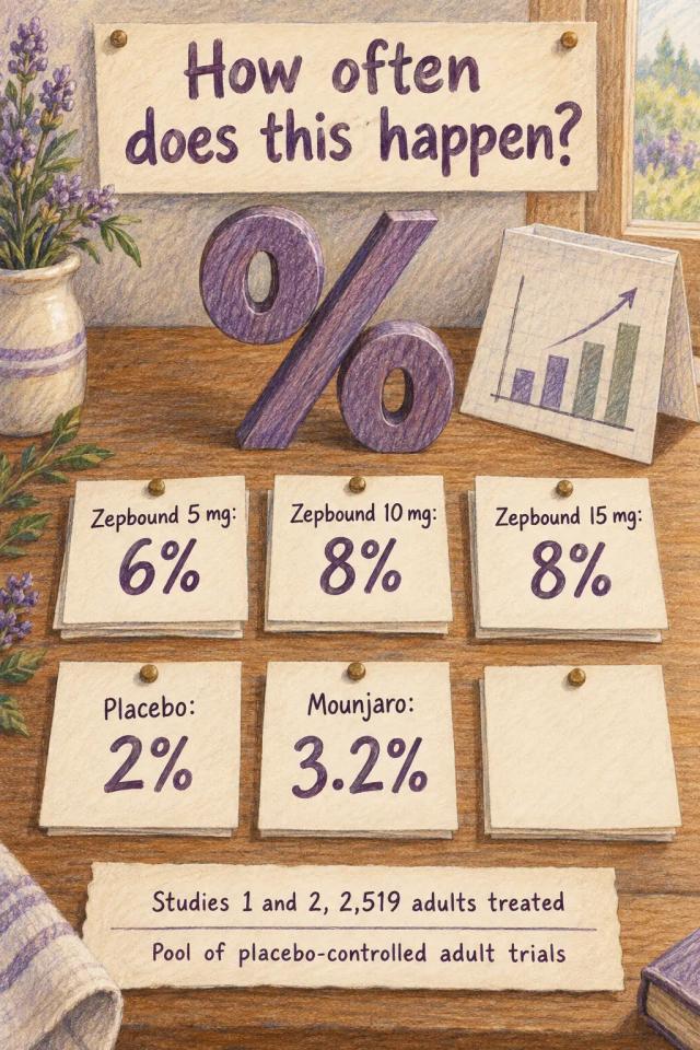 Reported injection site reaction rates by Zepbound dose arm, placebo and Mounjaro, side by side.