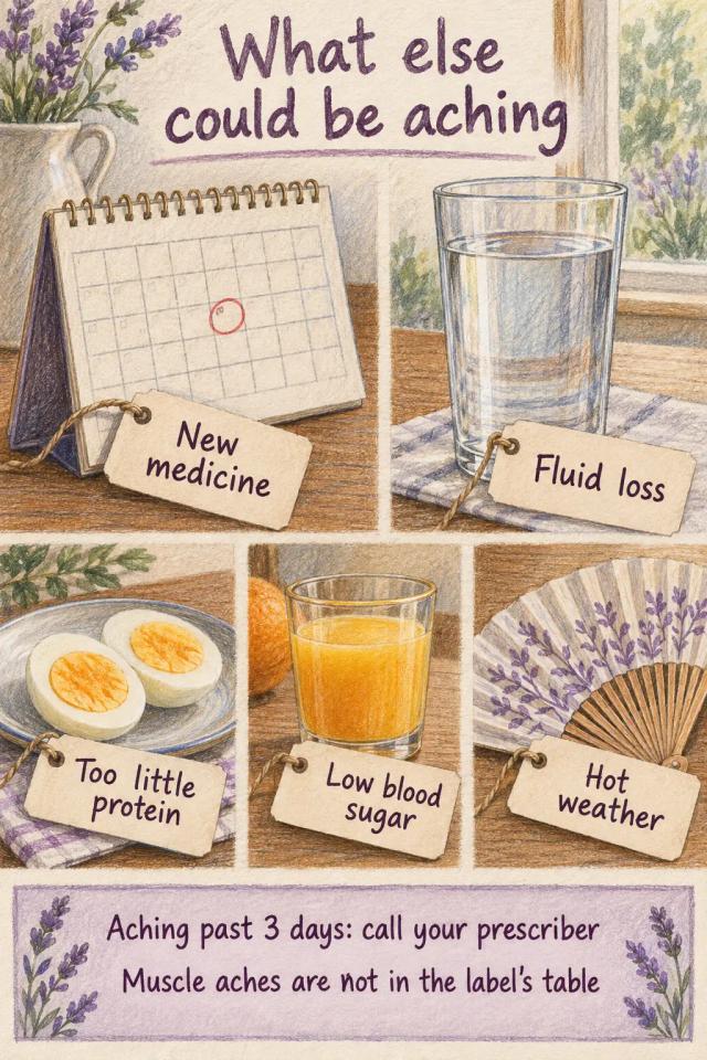 Five other things that can drive aching: a medicine change, fluid loss, low protein, low blood sugar, heat.