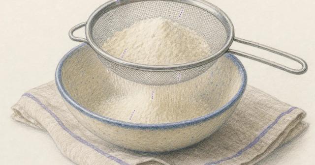 Fine-mesh sieve over a bowl with pale flour falling through the mesh