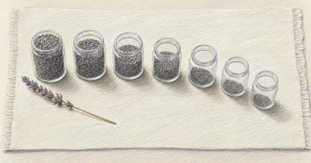 Seven glass jars in an arc, each holding less water than the one before it
