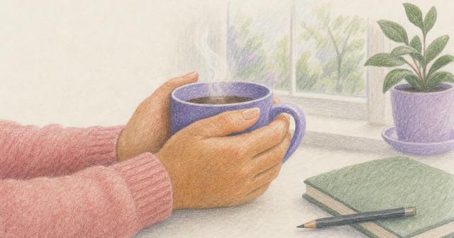 Hands cradling a warm mug by a bright window, steam rising